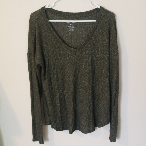 American Eagle Outfitters Tops - Green Ribbed Long Sleeve V-Neck